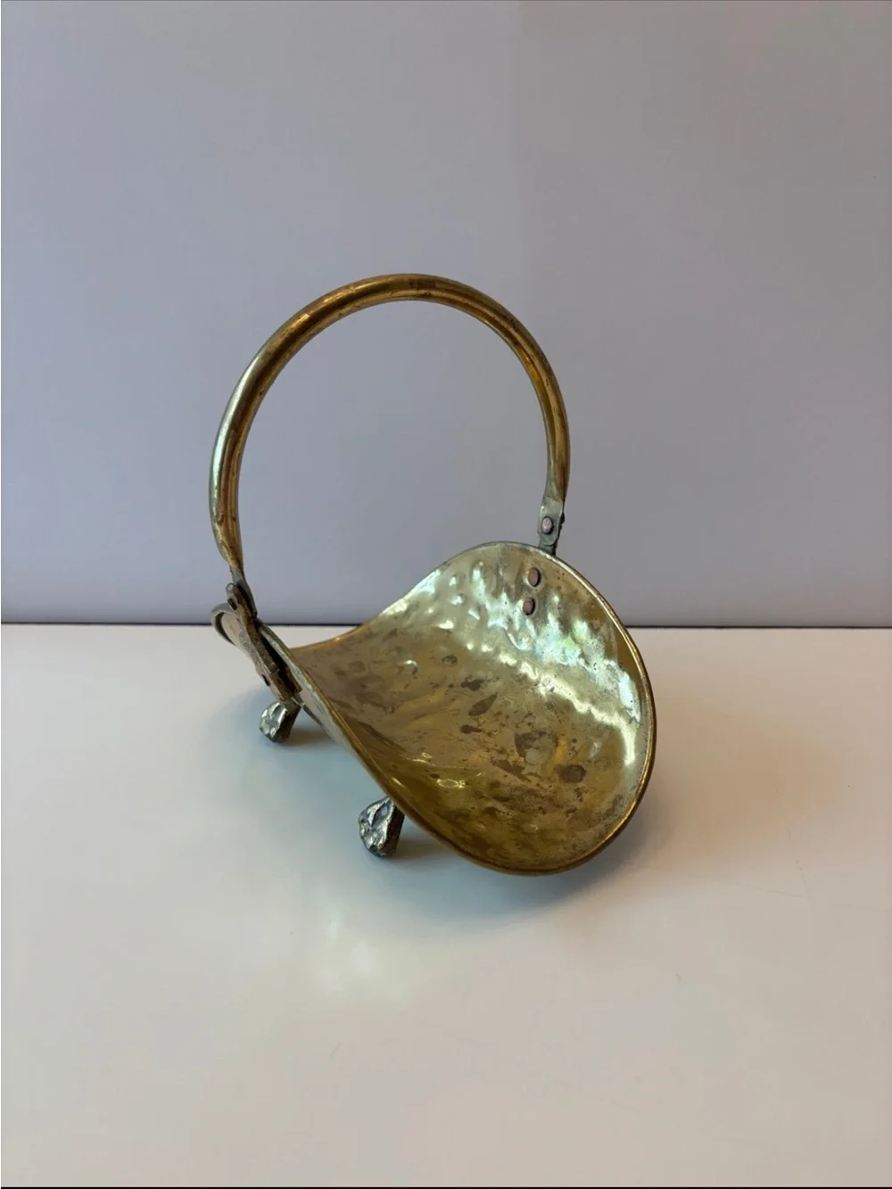 Vintage footed hammered brass mini basket/ mini log holder
